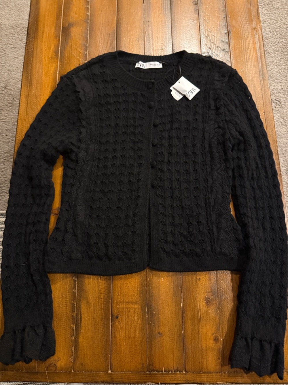 Zara Black Textured Button-Front Cardigan with Ruffle Cuffs